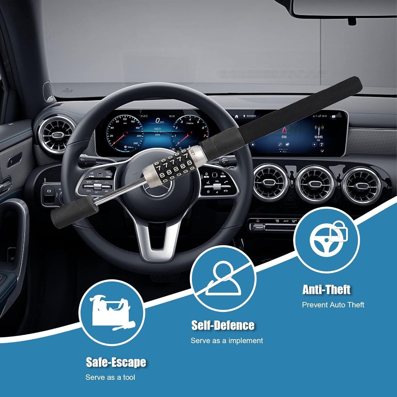 Steering Wheel Anti-Theft Lock – Vehicle Telescopic Heavy-Duty Security Lock, Keyless 5-Digit Combination Code, Universal Fit for Sedans, Trucks, Vans & SUVs (Includes One Pair of Gloves)