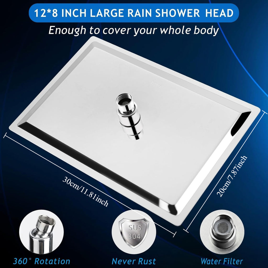 1pc 12" Square / 12"x8" Rectangular Waterfall Rain Shower Head - High Flow Stainless Steel, Polished Chrome Finish, Rustproof & Durable, Ceiling/Wall Mount, Includes Teflon Tape Installation Kit