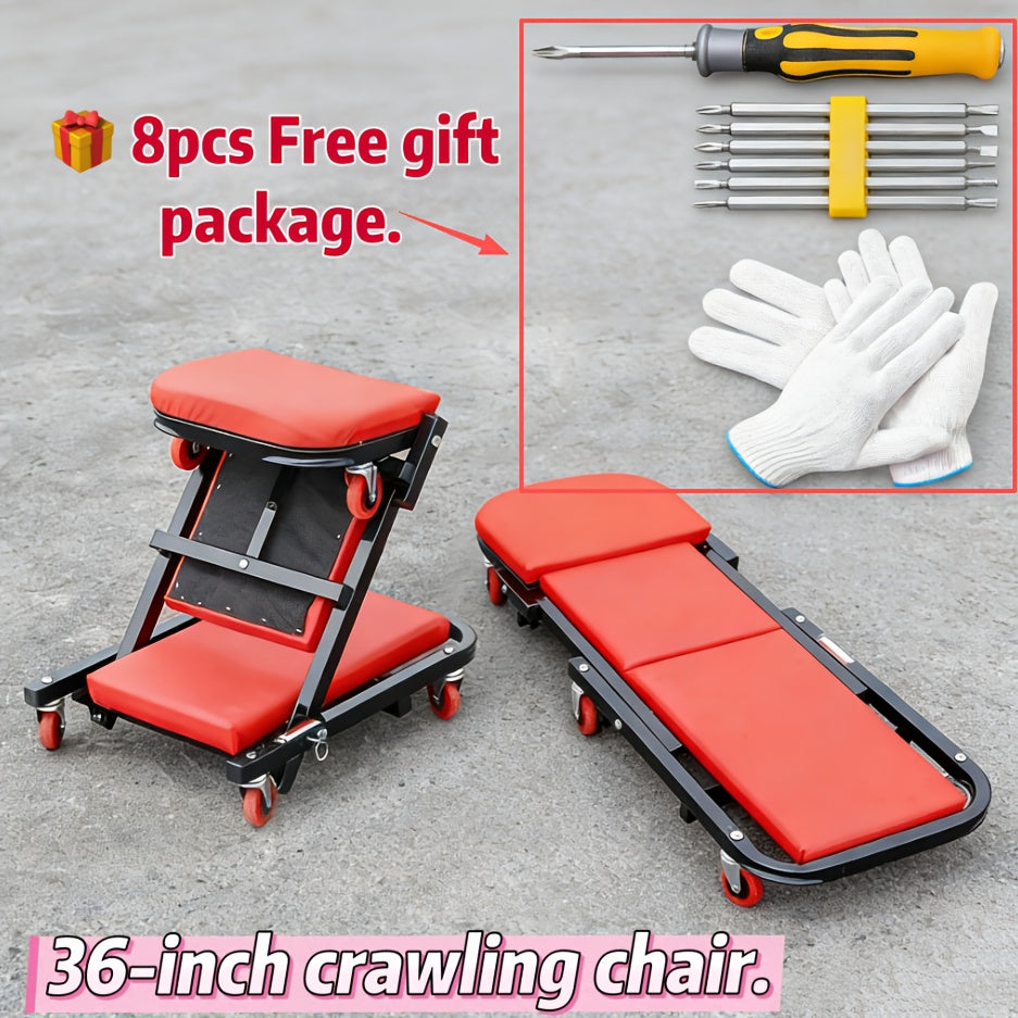 2-in-1 Creeper, 36 Inch; Z-Type Creeper Seat, Heavy-Duty Garage Chair Adjustable Rolling Folding Creeper; with Wheels. Father‘s Day Gift for Men