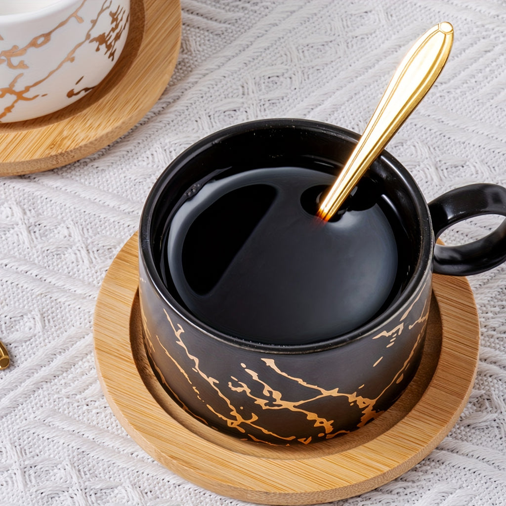 180ml Ceramic Coffee Cup Set, Black & White Four-Cup Marble Design with Saucers, Spoons & Gold Cup Stand