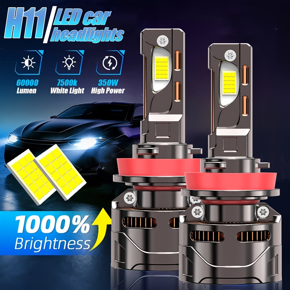 2-Pack Car LED Headlight Bulbs H1/H4/H7/H18/H8/H9/H11/H16/9005/HB3/9006/9012 1000% Brightness Increase No Battery High/Low Beam Integrated 60000 Lumens 7500K Color Temperature 12V-24V Voltage Fast Heat Dissipation Plug-and-Play H7 Model LED