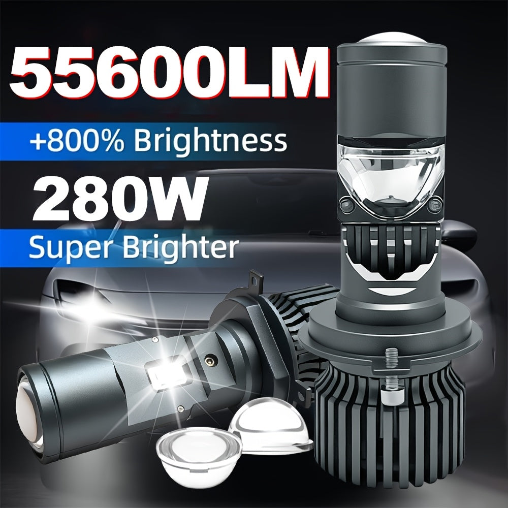 2-Pack H4 Super Bright LED Projector Lens, High/Low Beam Bulbs, 55600 Lumens, 280W, 12V, 6500K White Light Turbo Fan Car Light, for Left-Hand Drive - Plug-and-Play - QV050