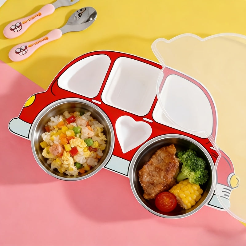 1 Set Divided Car-Shaped Tray Set with Lid & 2 Stainless Steel 304 Bowls, Cartoon Car Tray with Lid, Drop-Proof Home Cartoon Dinnerware, Unbreakable Tray, Kids‘ Cutlery Set