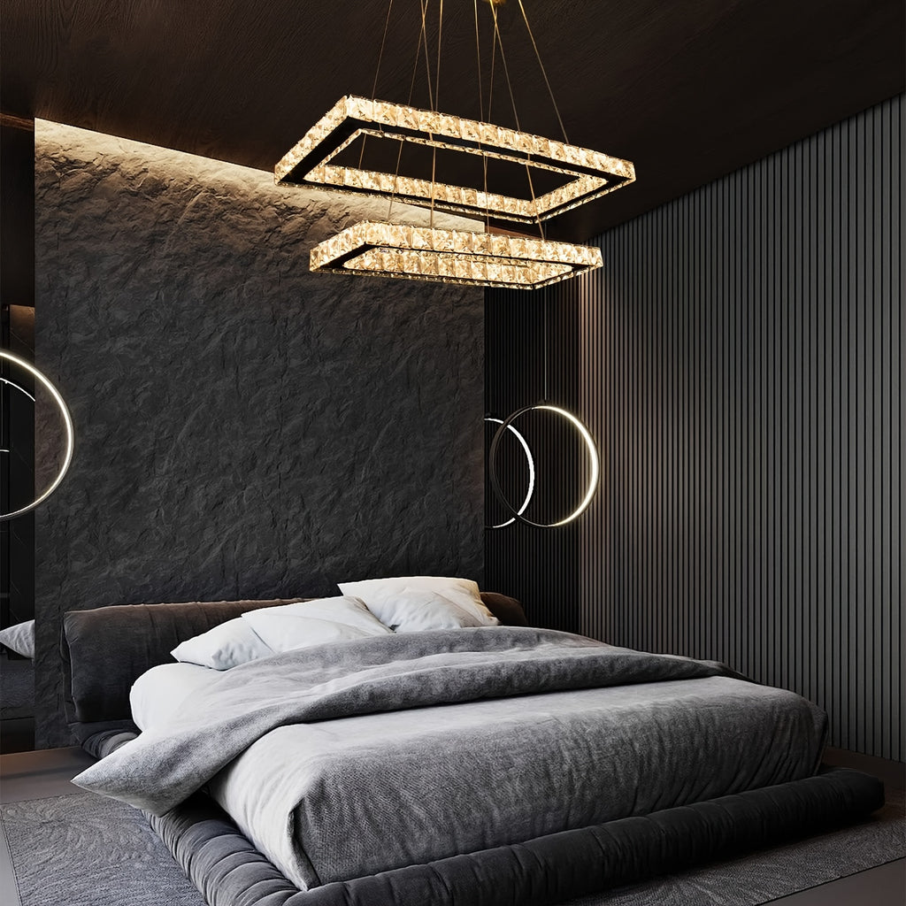 Modern pendant light with remote control, 20.5-inch LED dimmable 2-ring rectangular crystal chandelier adjustable height, dining room kitchen living room island light pendant light