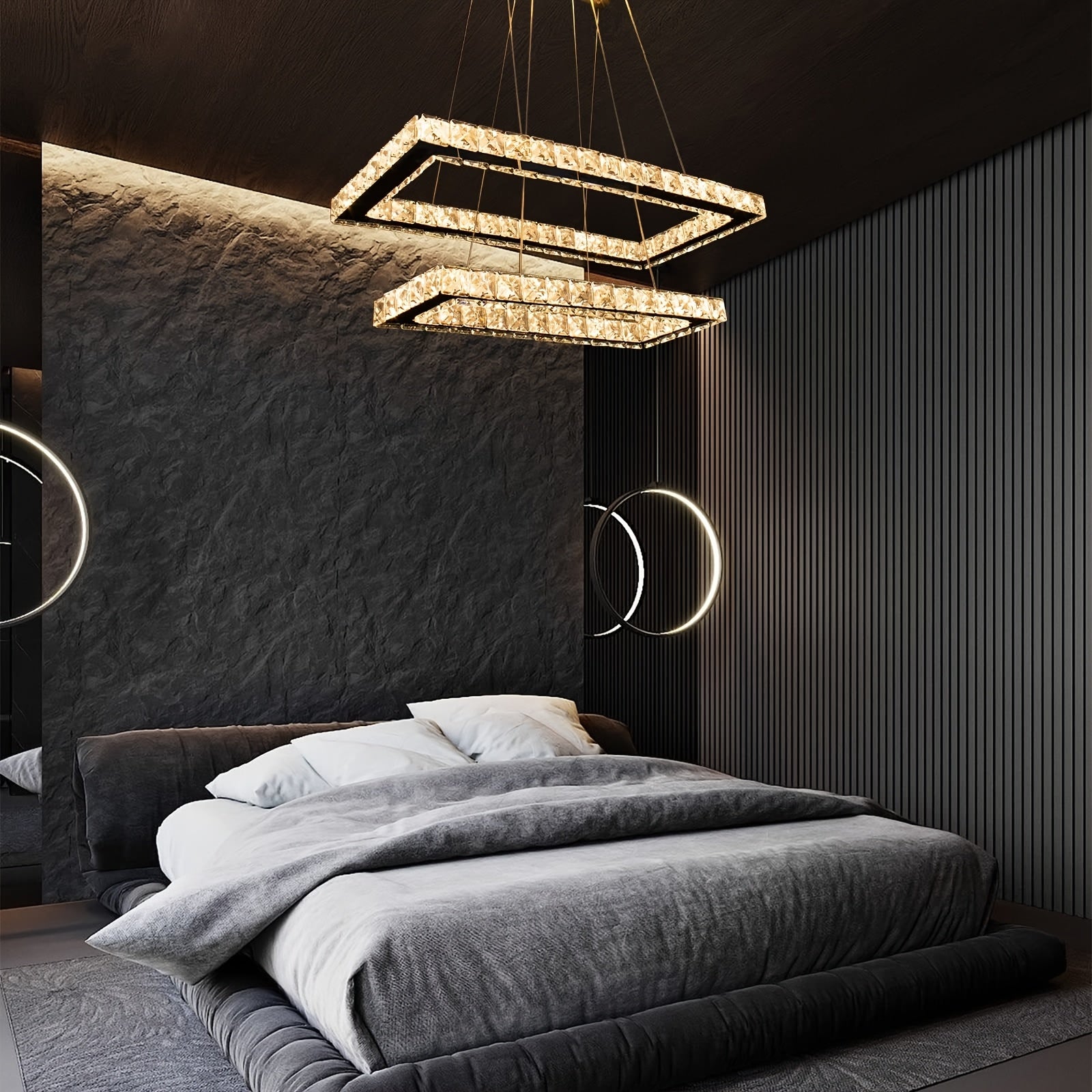 Modern pendant light with remote control, 20.5-inch LED dimmable 2-ring rectangular crystal chandelier adjustable height, dining room kitchen living room island light pendant light