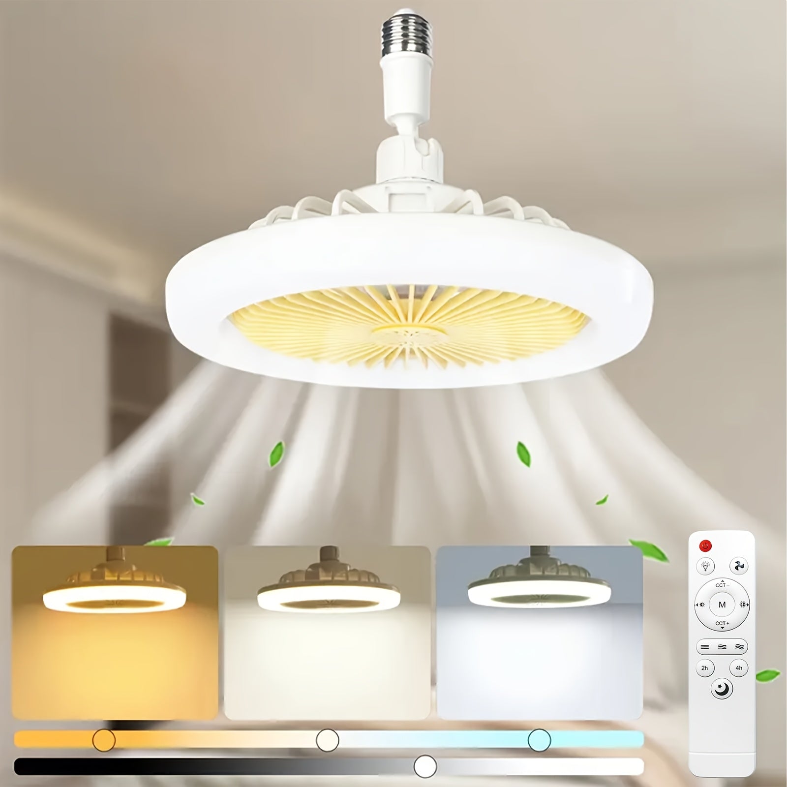 10 Inch 360° Rotatable Ceiling Fan Light with Remote, 3 Wind Speeds & 3 Light Colors, Memory Function, 2/4 Hours Timer, E27 Screw Base LED Fan Light, 4 Color Options for Bedroom Garage Kitchen Workshop