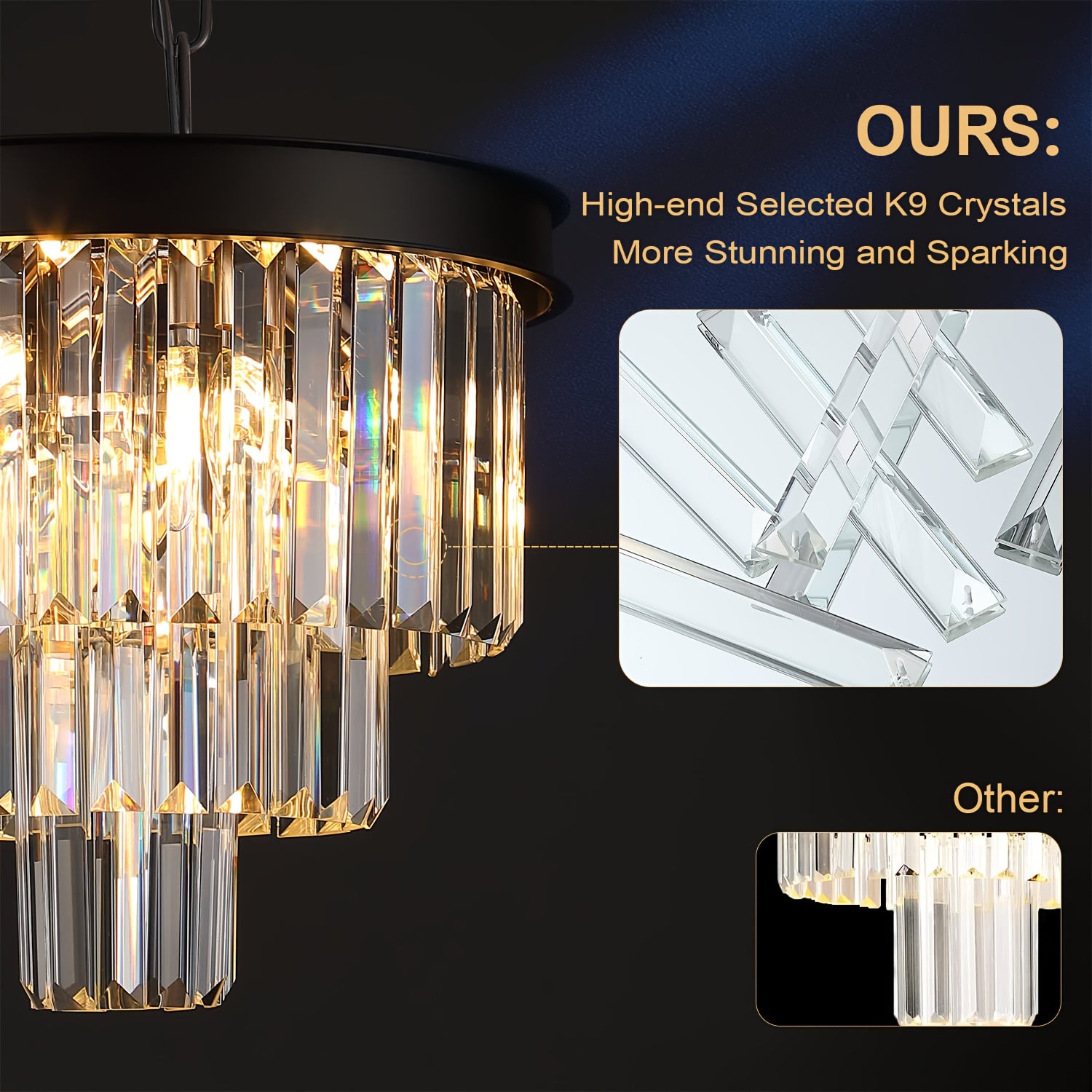Modern Crystal Chandelier, Black Ceiling Pendant Light, 3-Layer Dimmable Recessed Pendant Light, Round Raindrop, Suitable for Living Room, Dining Room, Foyer, Kitchen Entrance (Bulb Not Included)