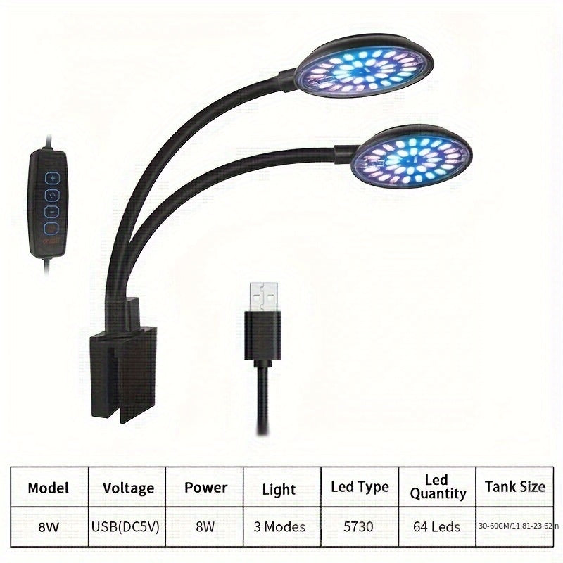 USB Aquarium LED Light, Clip-On Fish Tank Lamp, Full Spectrum Adjustable Brightness Plant Grow Light, 360° Rotatable Decorative Lamp