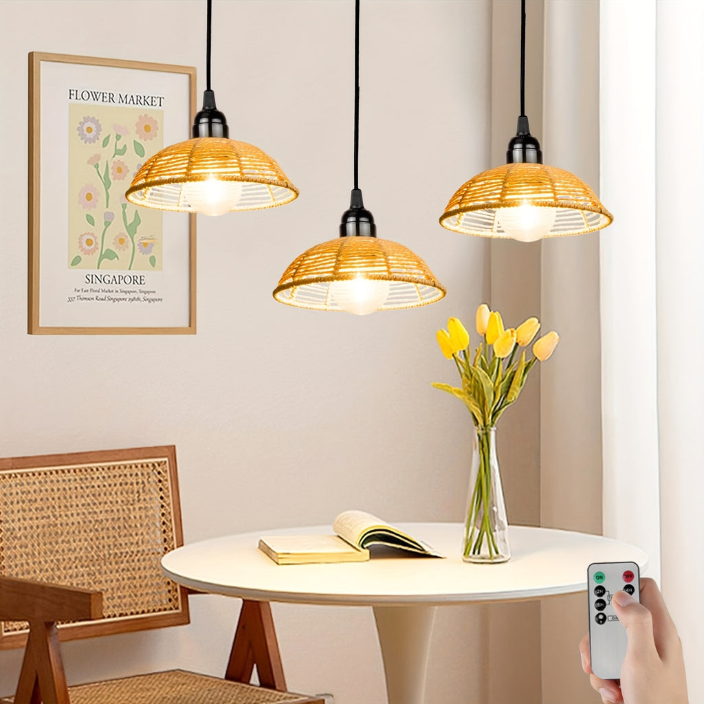 3-Piece Battery Operated Gazebo Pendant Light, Bohemian Handwoven Pendant Lamp, Indoor Lantern Powered by 4 AA Batteries with Timer, Gift and Decoration for Patio, Garden, Living Room, Bedroom