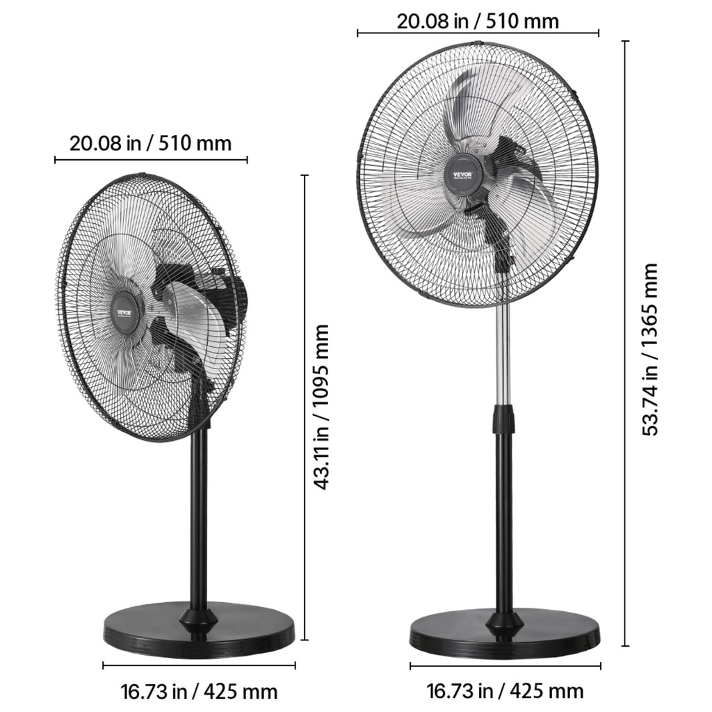 VEVOR 20 Inch Industrial Pedestal Fan, 3-Speed Oscillating Fan with Adjustable Height, 18/20/30 Inch Optional