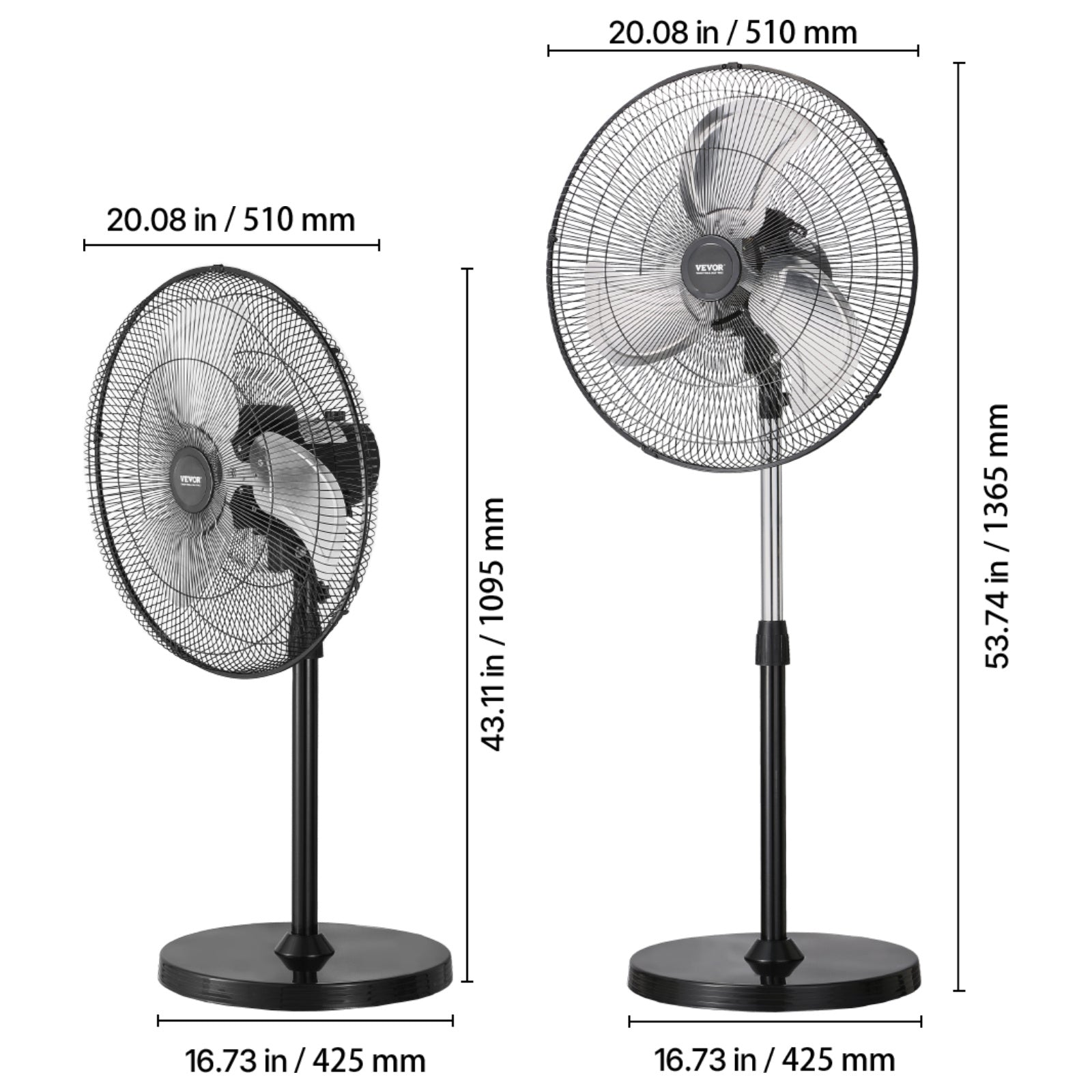 VEVOR 20 Inch Industrial Pedestal Fan, 3-Speed Oscillating Fan with Adjustable Height, 18/20/30 Inch Optional