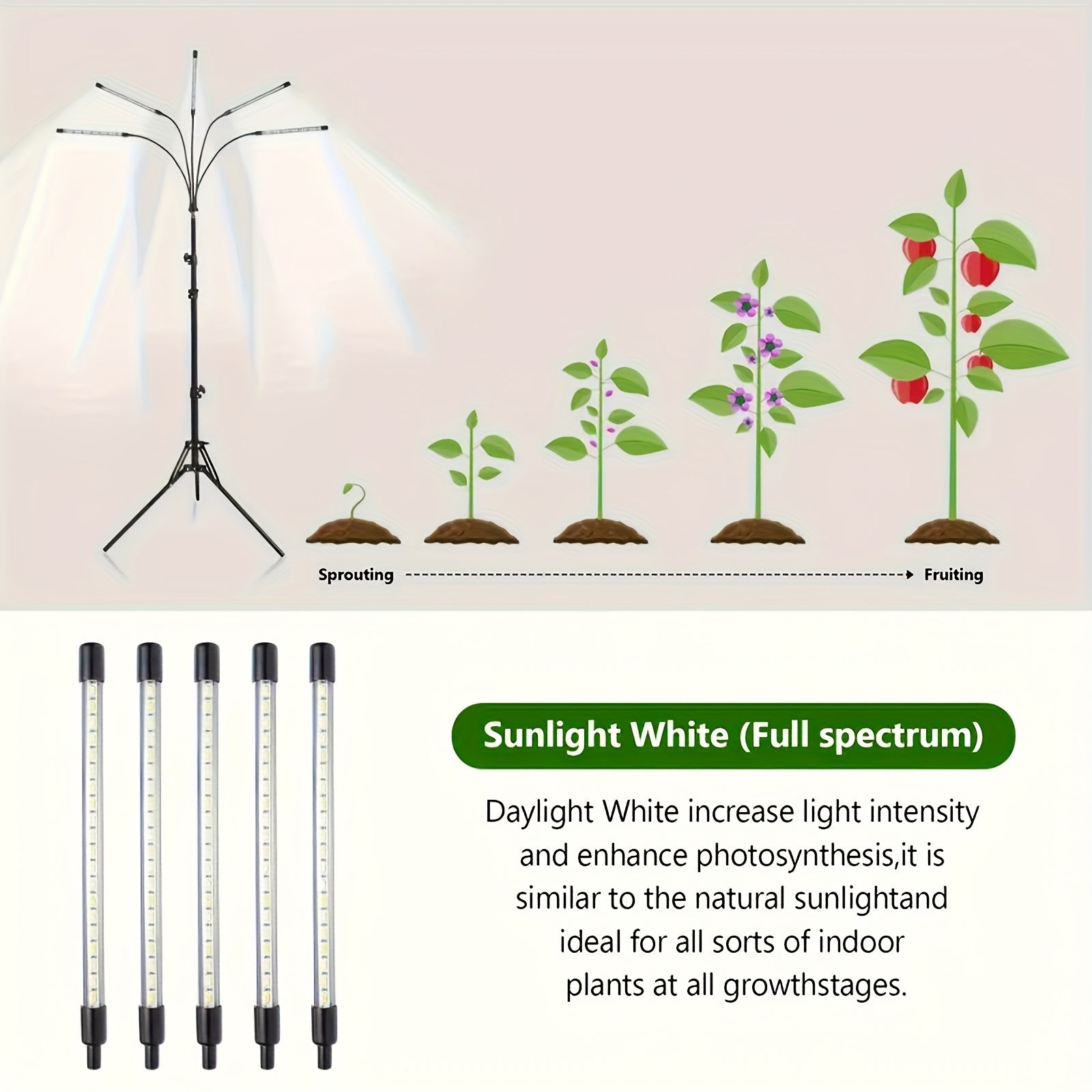 Indoor Plant Grow Light, 4/5/6-Head Full Spectrum USB Plant Lamp, Adjustable Tripod Stand, Auto On Off Timing Function
