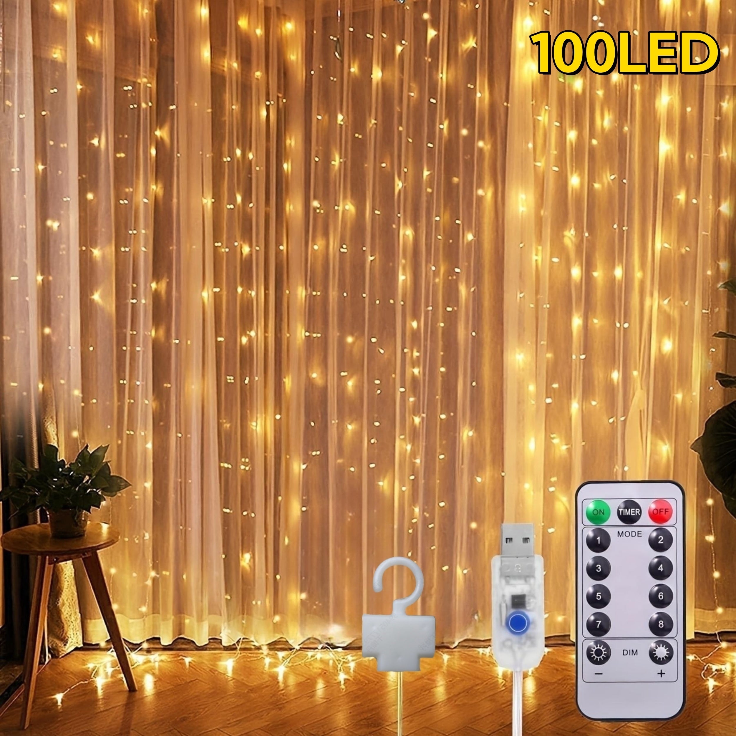 Ledoor 提供一套窗帘灯，包含 100、200 或 300 个 LED，适用于卧室。这些暖光灯有 3.3、6.5 或 9.8 英尺 x 9.8 英尺的尺寸可选。它们具有 8 种不同的照明模式，并包括一个遥控器。这些 USB 供电灯具。