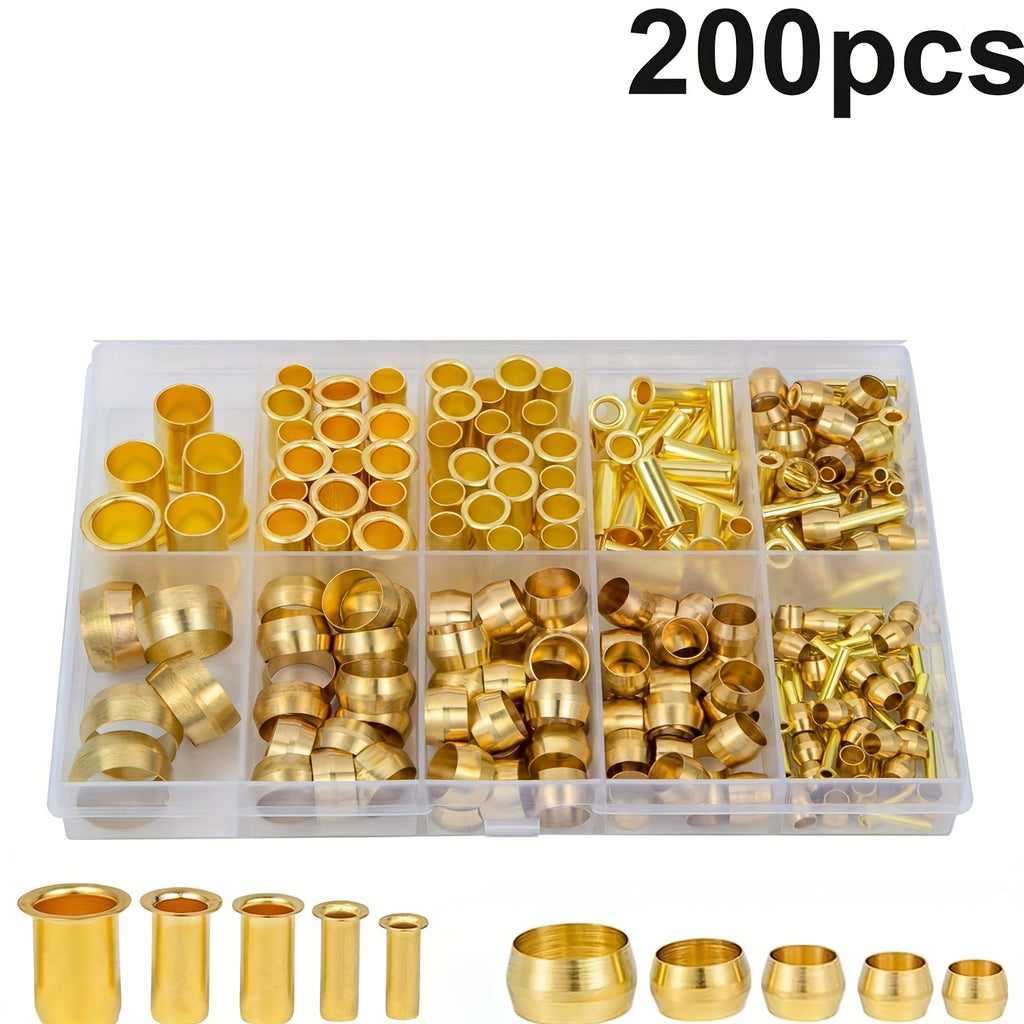 200件黄铜压接套筒套装 - 6种尺寸管外径1/8" 3/16" 1/4" 5/16" 3/8" 1/2" 压接配件组合套件，适用于连接空气、燃料、水、油