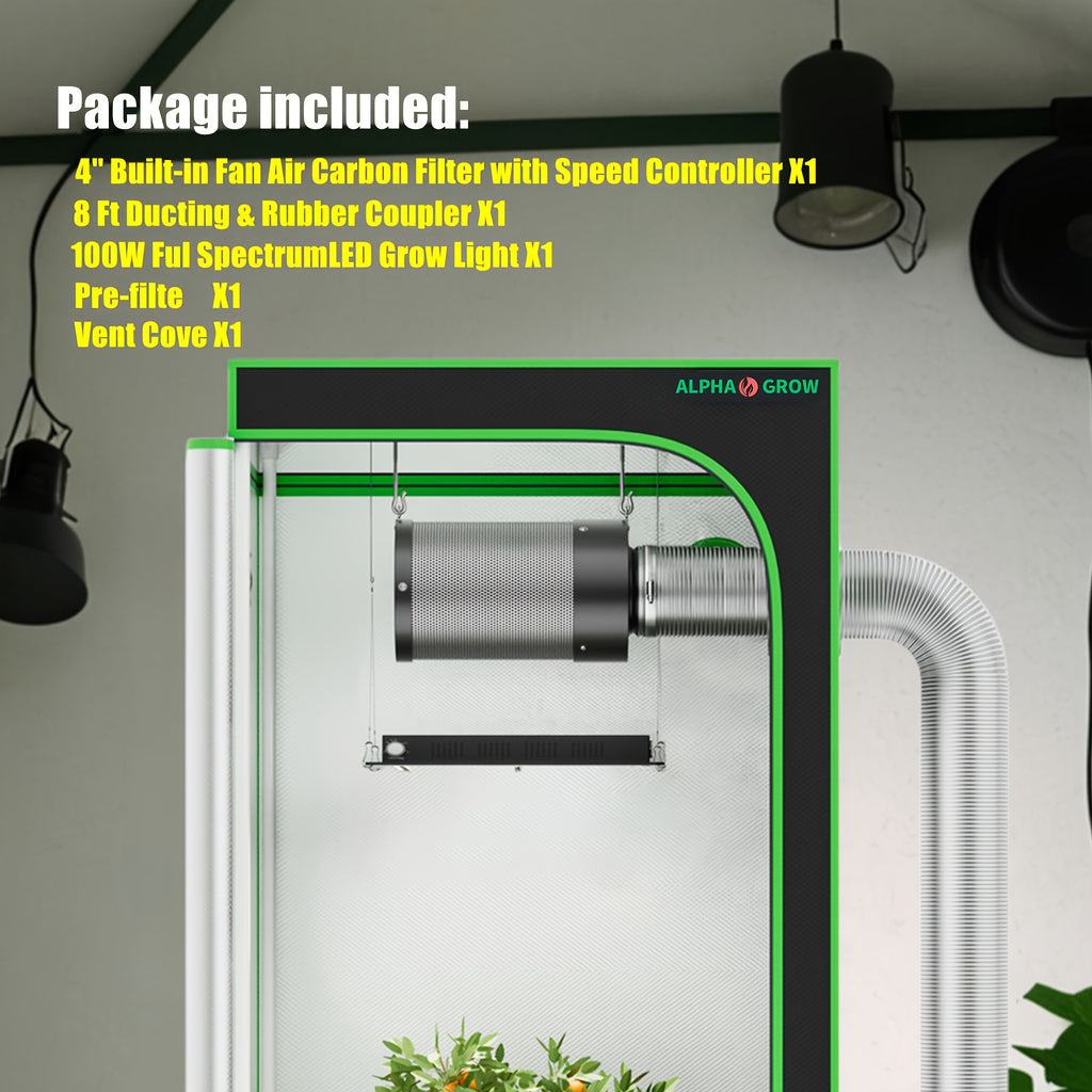En: ALPHAGROW Ventilation & Lighting Kit: AG1000 Full Spectrum LED Grow Light | Dimmable & High Efficiency, for 2x2/3x3/4x2/4x4 Grow Tents, Includes 6" Fan Filter & 8ft Ducting with Speed Controller