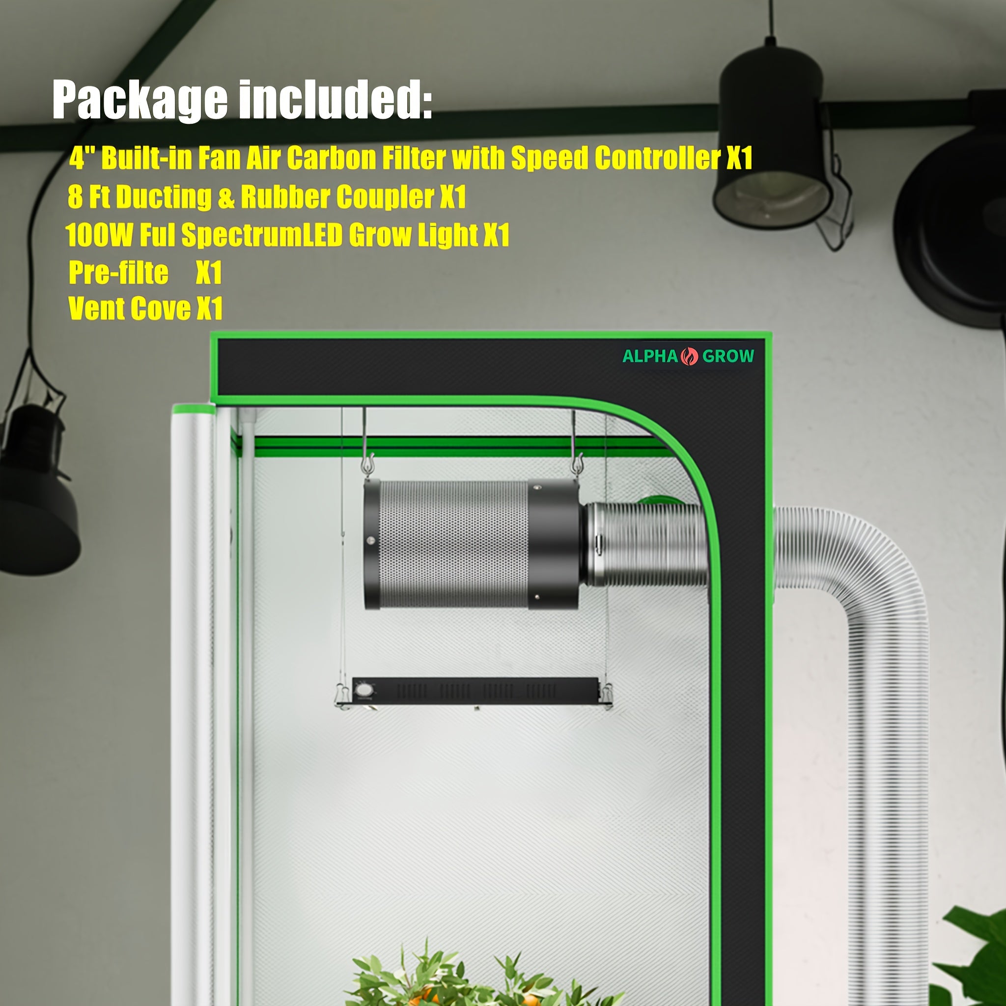 En: ALPHAGROW Ventilation & Lighting Kit: AG1000 Full Spectrum LED Grow Light | Dimmable & High Efficiency, for 2x2/3x3/4x2/4x4 Grow Tents, Includes 6" Fan Filter & 8ft Ducting with Speed Controller