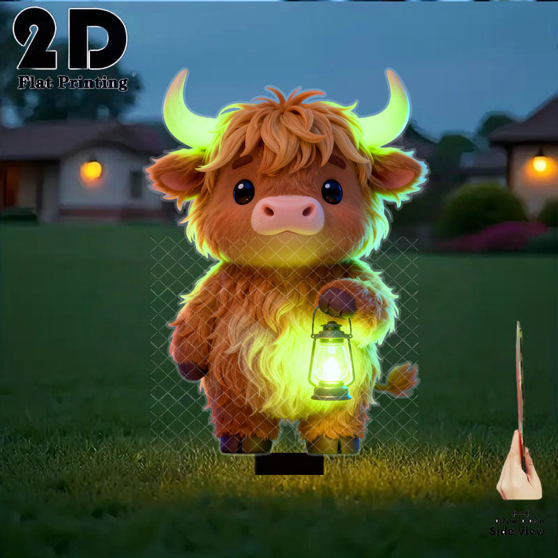 2D Flat 1 Piece Cute Highland Cow Holding Glow Light Garden Decoration Ground Insert, Outdoor Courtyard Garden Lawn Decorative Ornament, Garden and Flower Bed Decorative Stake, Perfect for Courtyard, Lawn, Bonsai - Festival Decoration