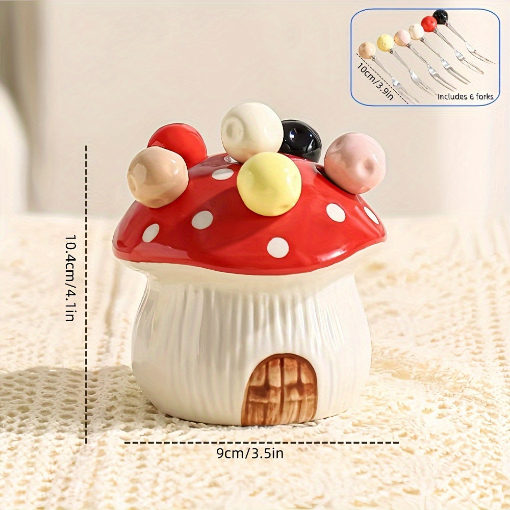 1 Set of 7 Pieces – 6 Forks & 1 Base, Ceramic Mushroom-Shaped Dessert Fruit Cake Fork Set, with 304 Stainless Steel Forks – Suitable for Fruit & Dessert, Party & Gathering Home Décor, Christmas Gift Party Decoration