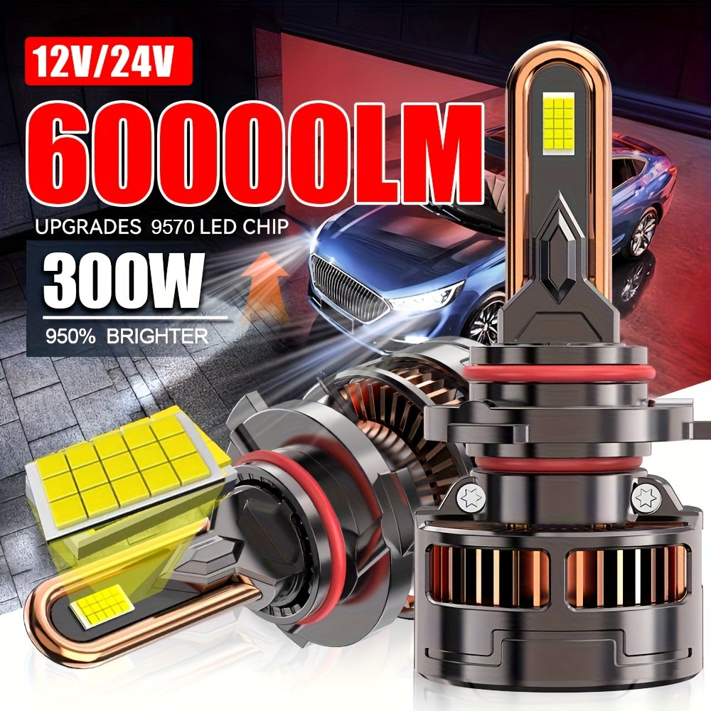 2Pcs 300W High Power LED Headlight Bulbs, with 9005/HB3-QK009 H4/H7/H1/H4/9003/HB2/H11/H18/H16/9012/9006, 60000 Lumens, 7500K, 9570 CSP Chip, 950% Brightness, Compatible with Most Vehicles