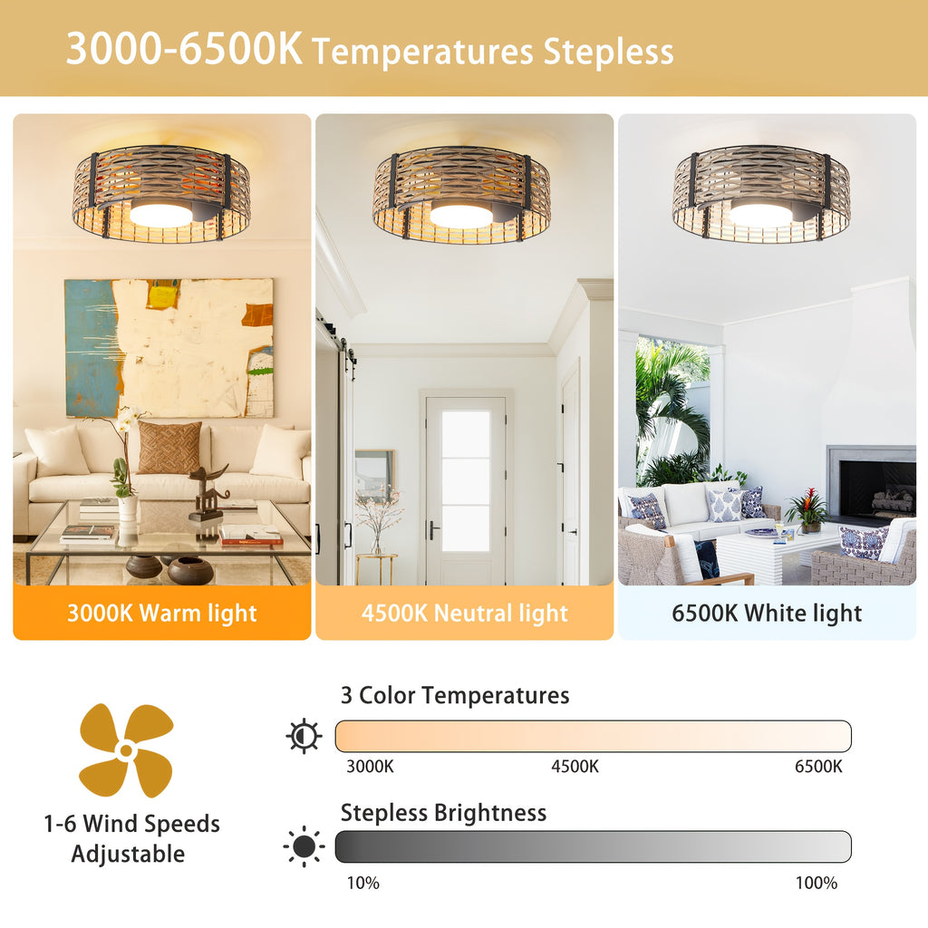 18W LED 20" Dimmable Bamboo Rattan Chandelier, Bohemian Ceiling Fan with Light & Remote, 6-Speed/Reversible Motor/RGB LED Compact Ceiling Fan for Bedroom Living Room Kitchen Nursery
