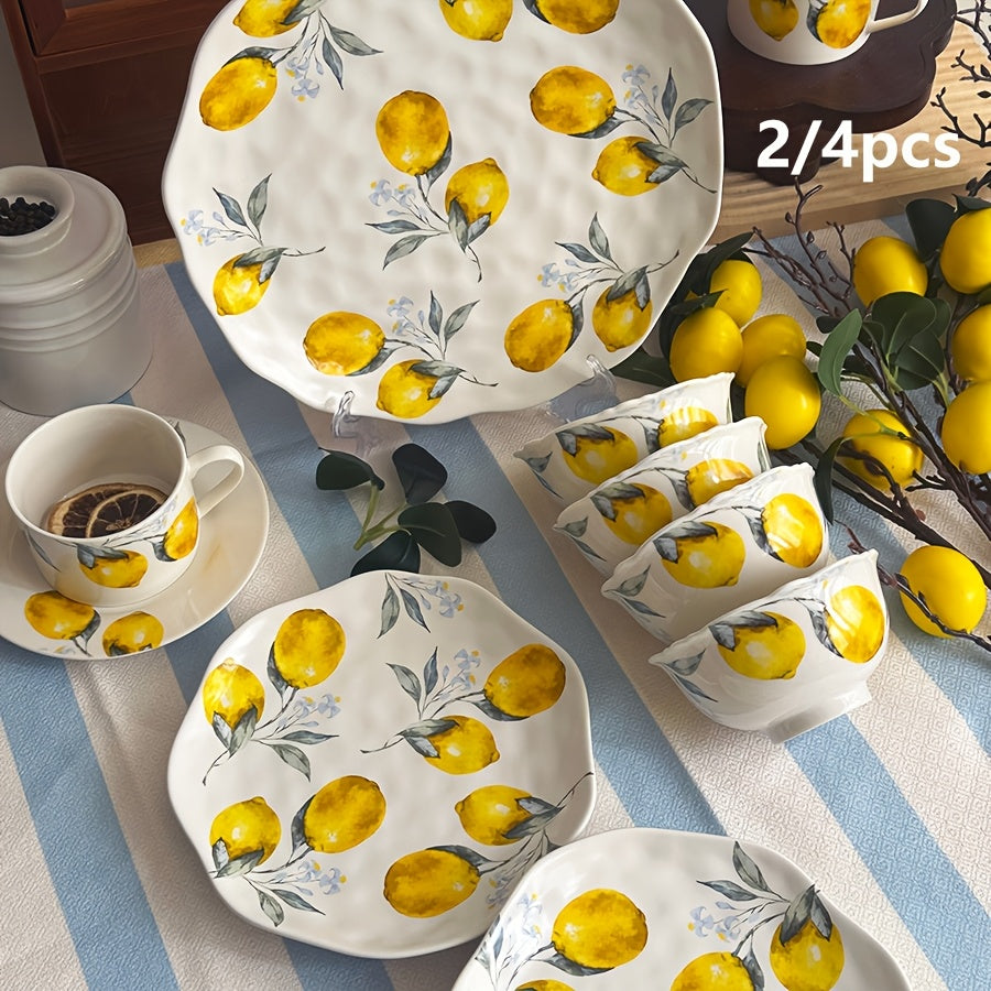 2/4pcs Lemon Pattern Ceramic Dinnerware – Rice Bowl, Cereal Bowl, Salad Plate, Fruit Plate, Steak Plate – Perfect for Restaurant, Hotel, Parties, Harvest Festival – Microwave Safe