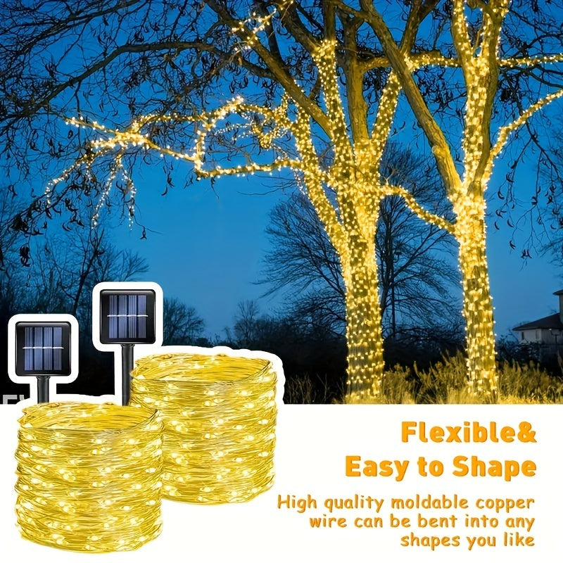 2个装 104英尺 (300LED) 太阳能户外灯，户外太阳能灯串，铜线 8种图案 太阳能童话灯 庭院 树木 圣诞派对 婚礼 (暖白/冷白/多色)
