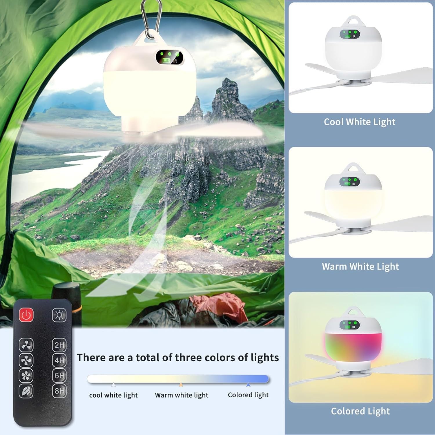 Small Portable Ceiling Fan with Remote, Rechargeable Mini Tent Camping Fan, 8000mAh Battery Powered Canopy Fan Light, Suitable for Pavilion, Umbrella, Patio, RV