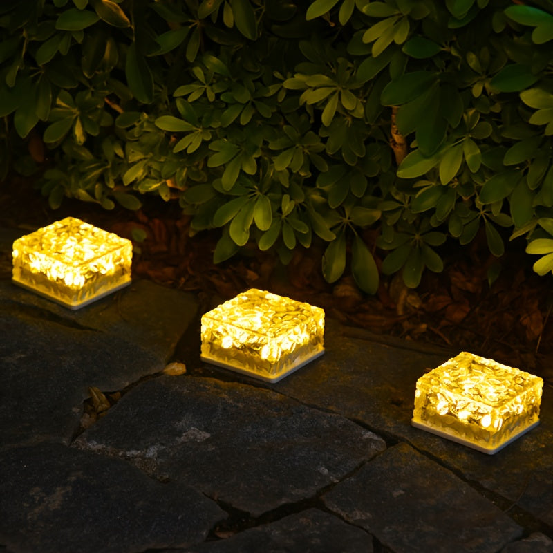 3/6 Pack Solar Ice Cube/Brick Light, Sensor Courtyard Light, Suitable for Patio, Balcony, Outdoor Garden, Sidewalk and Walkway; Transparent Square Resin Paver Light; Recessed Ground Lawn Light