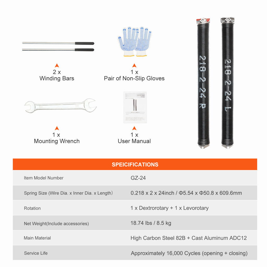 Garage Door Torsion Spring, 16,000 Cycles, 0.25 x 2 x 30in / 0.207 x 2 x 22in / 0.218 x 2 x 24in / 0.218 x 2 x 23in, with Non-Slip Winding Bars, Installation Tools and Gloves, Electrophoretic Coating, for Replacement