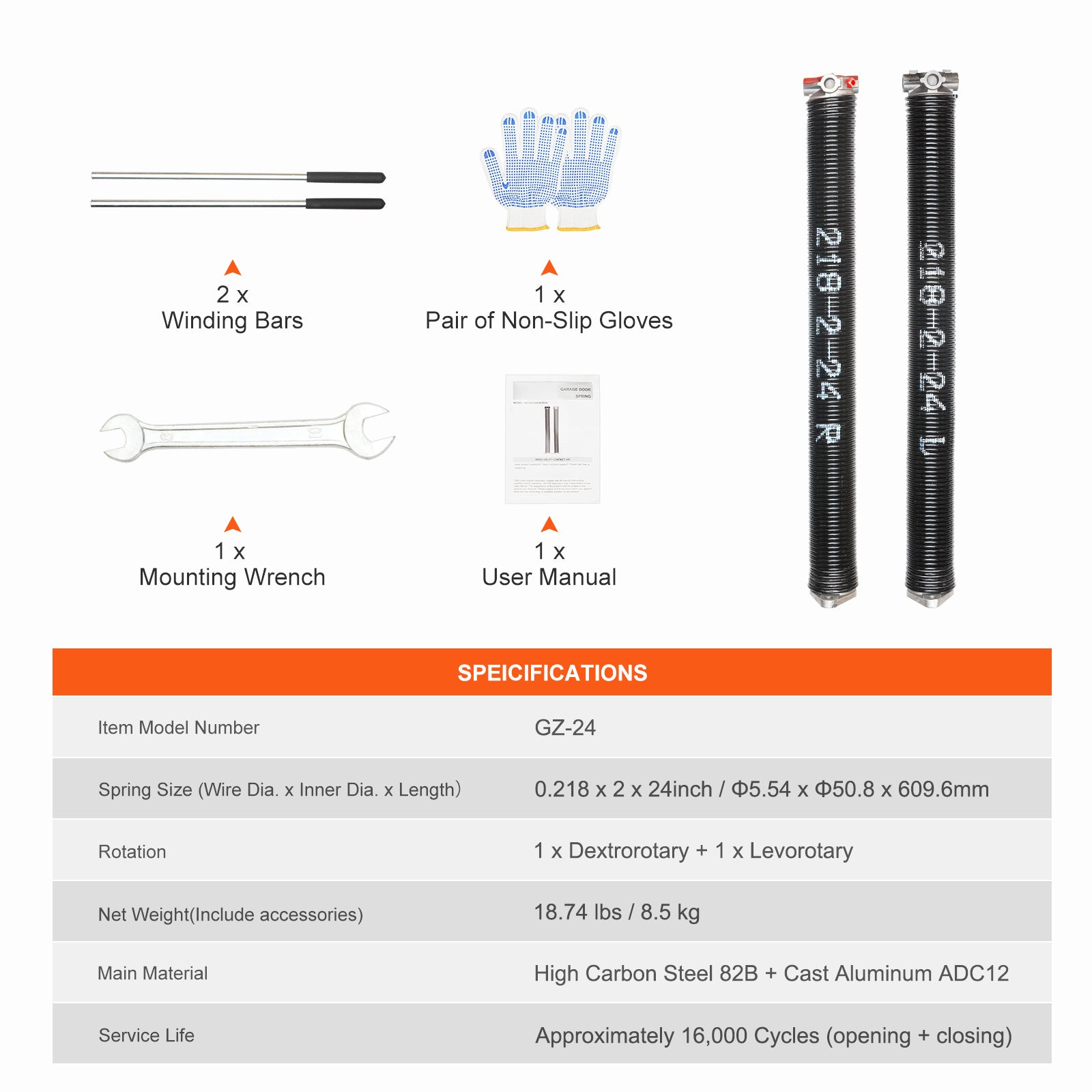 Garage Door Torsion Spring, 16,000 Cycles, 0.25 x 2 x 30in / 0.207 x 2 x 22in / 0.218 x 2 x 24in / 0.218 x 2 x 23in, with Non-Slip Winding Bars, Installation Tools and Gloves, Electrophoretic Coating, for Replacement