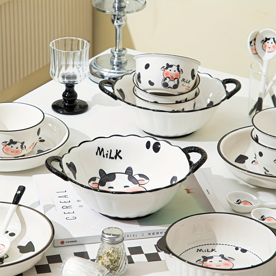 DUDU Cow Ceramic Dinnerware – 3/4pcs, Cute Cartoon Style, Rice Bowl / Salad Bowl / Soup Bowl / Handle Bowl, Small Spoon – Perfect for Dormitory or College Students