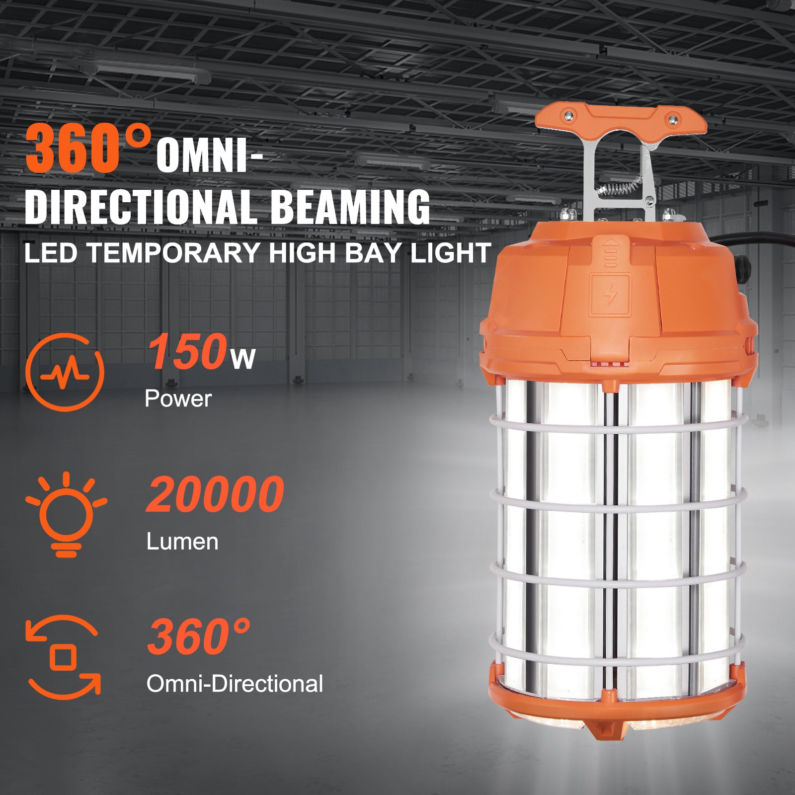 VEVOR LED Temporary Work Light, 150W, 20000lm Construction Light, 5000K Portable Ultra-Bright Waterproof Daisy Chain Up to 6 Lights, Hanging Job Site Light Indoor and Outdoor Lighting