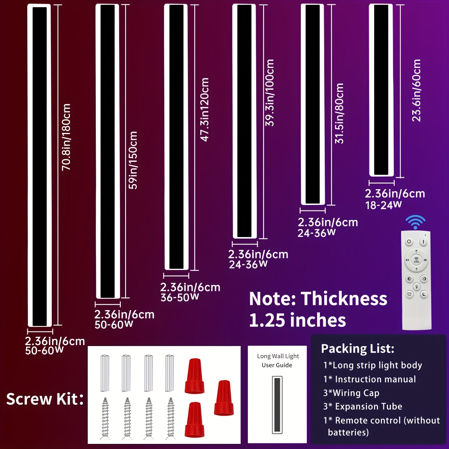 1/2-Piece Modern Outdoor Wall Light, 10%-100% Dimmable Linear Exterior Wall Light, IP65 Waterproof 3000K/4500K/6000K Long LED Wall Light with Remote Control Dimming, Heavy-Duty Hardwired Installation, Suitable for Porch, Garage
