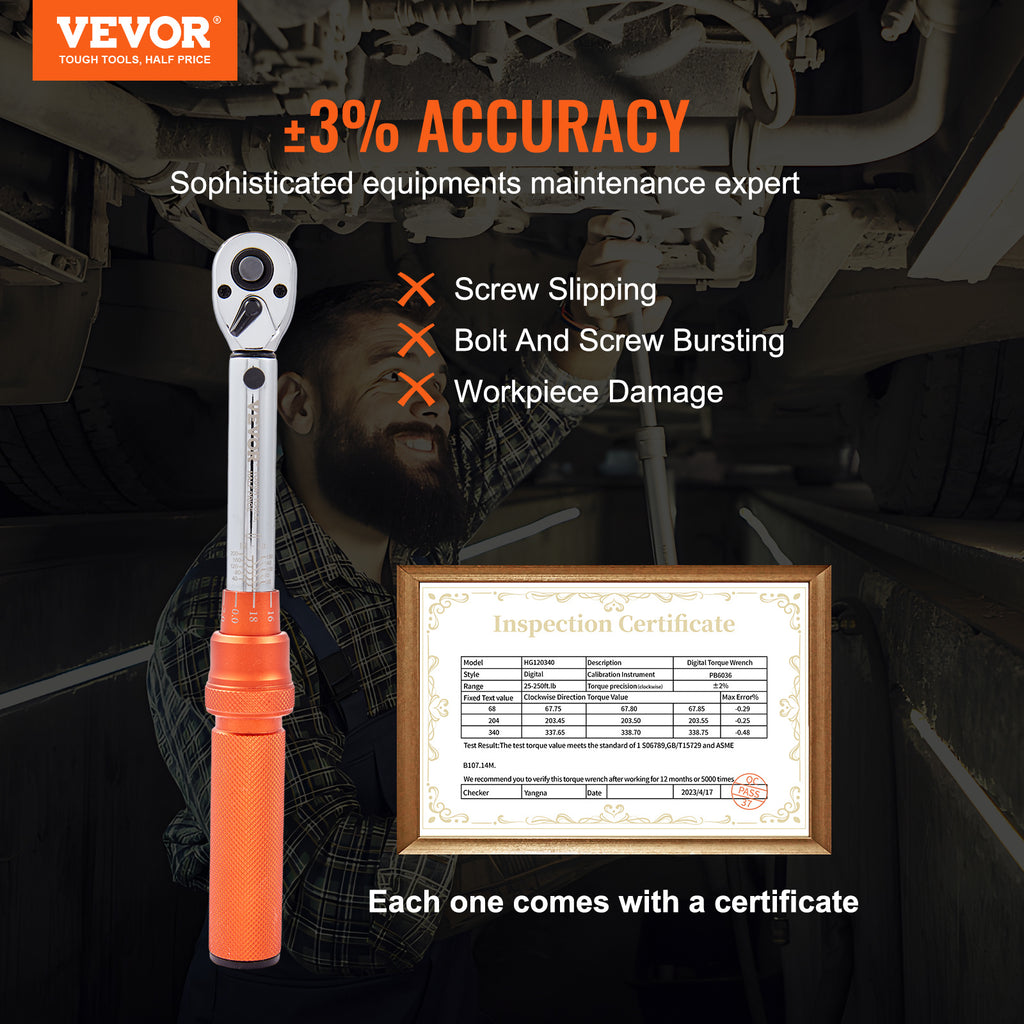 VEVOR Torque Wrench, 1/4“ / 3/8” / 1/2“ Drive Click Torque Wrench 10-80 ft-lbs / 20-200 in-lbs / 25-250 ft-lbs 3-23 Nm / 34-340 Nm / 14-110 Nm, Dual-Direction Adjustable Torque Wrench Set