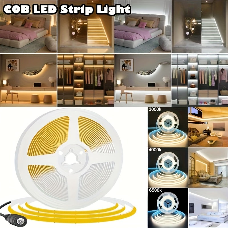 1 16.55英尺/5公尺 COB燈條，320顆LED，12V/24V PVC燈帶，90+色彩表現指數可調，8mm LED照明，適用於居家、舞台、背光，包含DC連接器（不含電源供應器），不含電池