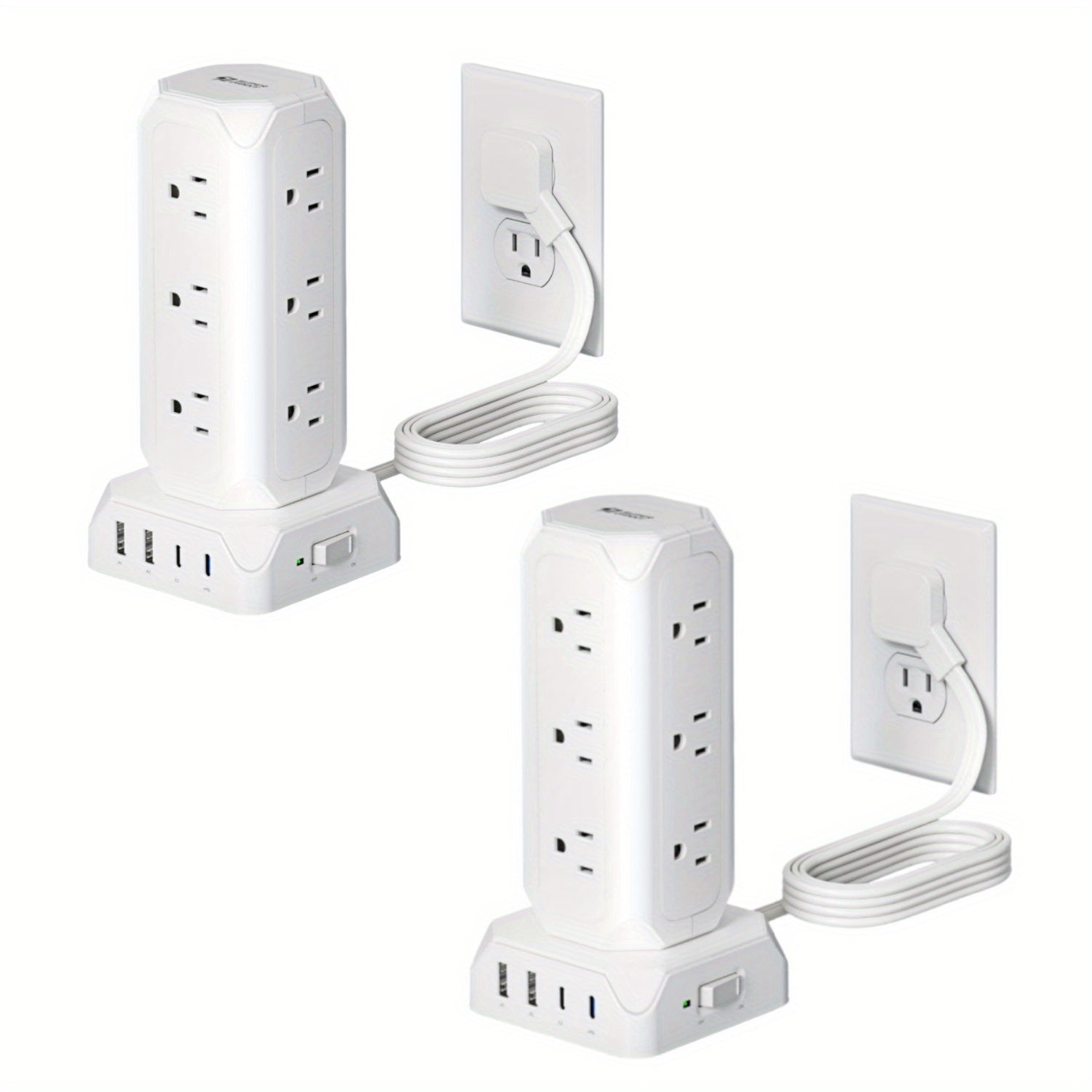 2pcs Power Strip Tower, 12 AC Outlets with 35W USB(2 USB-A & 2 USB-C) Charging Station, 1625W/13A, 1700J Surge Protector, 10ft Flat Plug Extension Cord with Multiple Outlets for Home, Office, Dorm