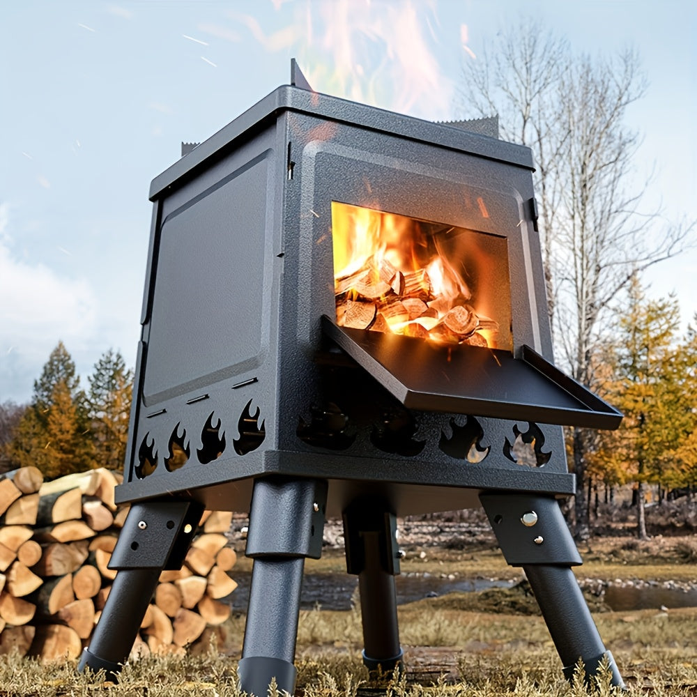 Portable Folding Fire Pit Stove - Compact Camping Fireplace with Wood Box Opening, Ash Tray & Stable Legs - Heavy-Duty Carbon Steel Outdoor Stove, Ideal for Camping, Backyard, Picnic, Beach