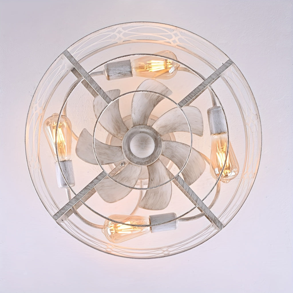 Enker Modern White Industrial Ceiling Fan Light - Remote & IR Control, 7-Blade Silent Motor, 6-Speed Adjustable, E26 Bulb Compatible (Bulb Not Included), Flush Mount for Kitchen, Bedroom, Dining Room - Polished Metal Mesh Cover