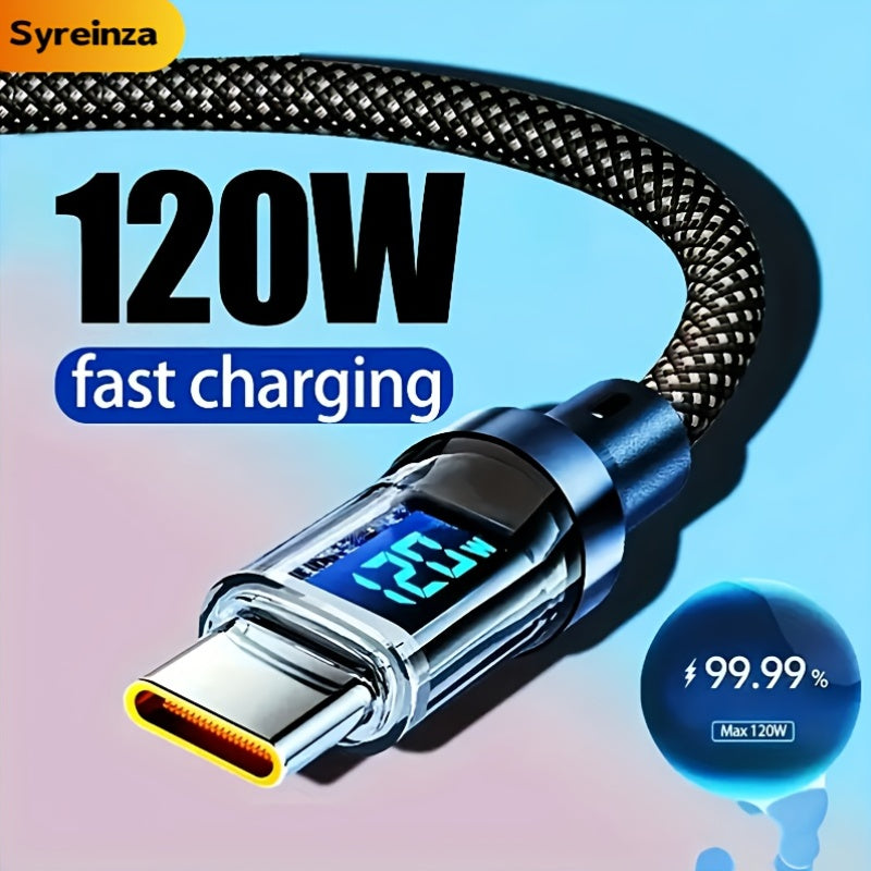 120W6A超快充USB-C线，Type-C转Type-C，黑色扁平尼龙PVC资料同步线，附实时数位显示器,≤36V工作电压，品牌Syreinza，适合家庭办公室旅行尼龙编织加固耐用高品质科技爱好者数据线适用于 iPhone, Android, Samsung