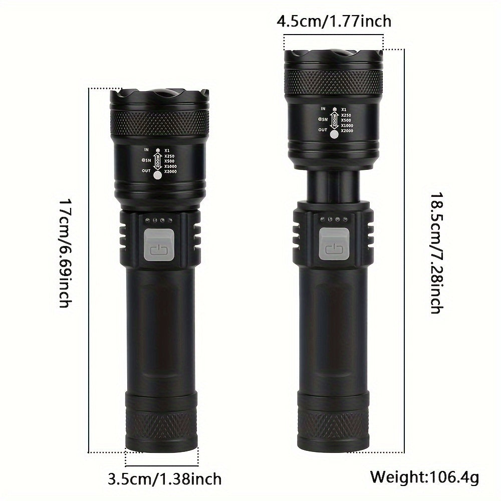 Ultra Powerful XHP50 LED Flashlight, Built-in Rechargeable Battery, Super Bright Zoomable Light, Perfect for Camping, IP65 Waterproof