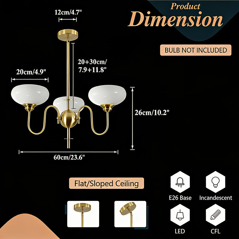 Elegant Gold Three-Light Pendant Light, Mid-Century Modern Chandelier with Opal Glass Shade, Adjustable Hanging Ceiling Light, Suitable for Dining Table and Living Room