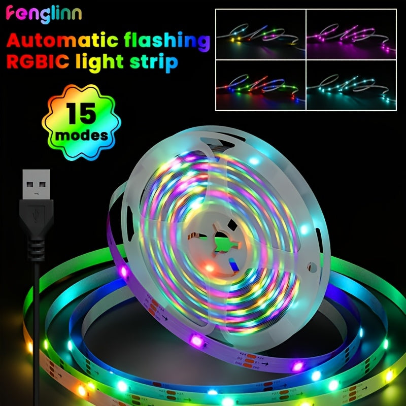 RGB IC USB 智能LED灯带，自动变色 - 十五种模式，5V USB供电，无需控制器，长度从1到590.55英寸，非常适合卧室、客厅、婚礼、装饰照明、现代照明、高品质照明