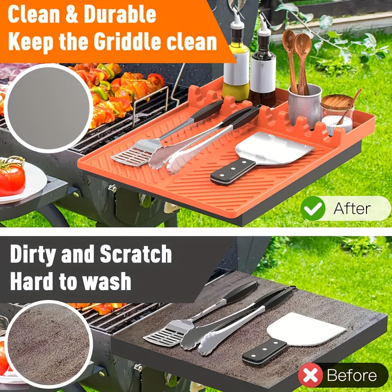 Grill Mat - Blackstone Side Shelf Mat, Silicone Grill Mat for Outdoor Grill & Kitchen Counter, Large Silicone Spatula Mat with Drip Pad, Grill BBQ Tool Holder, Griddle Accessories