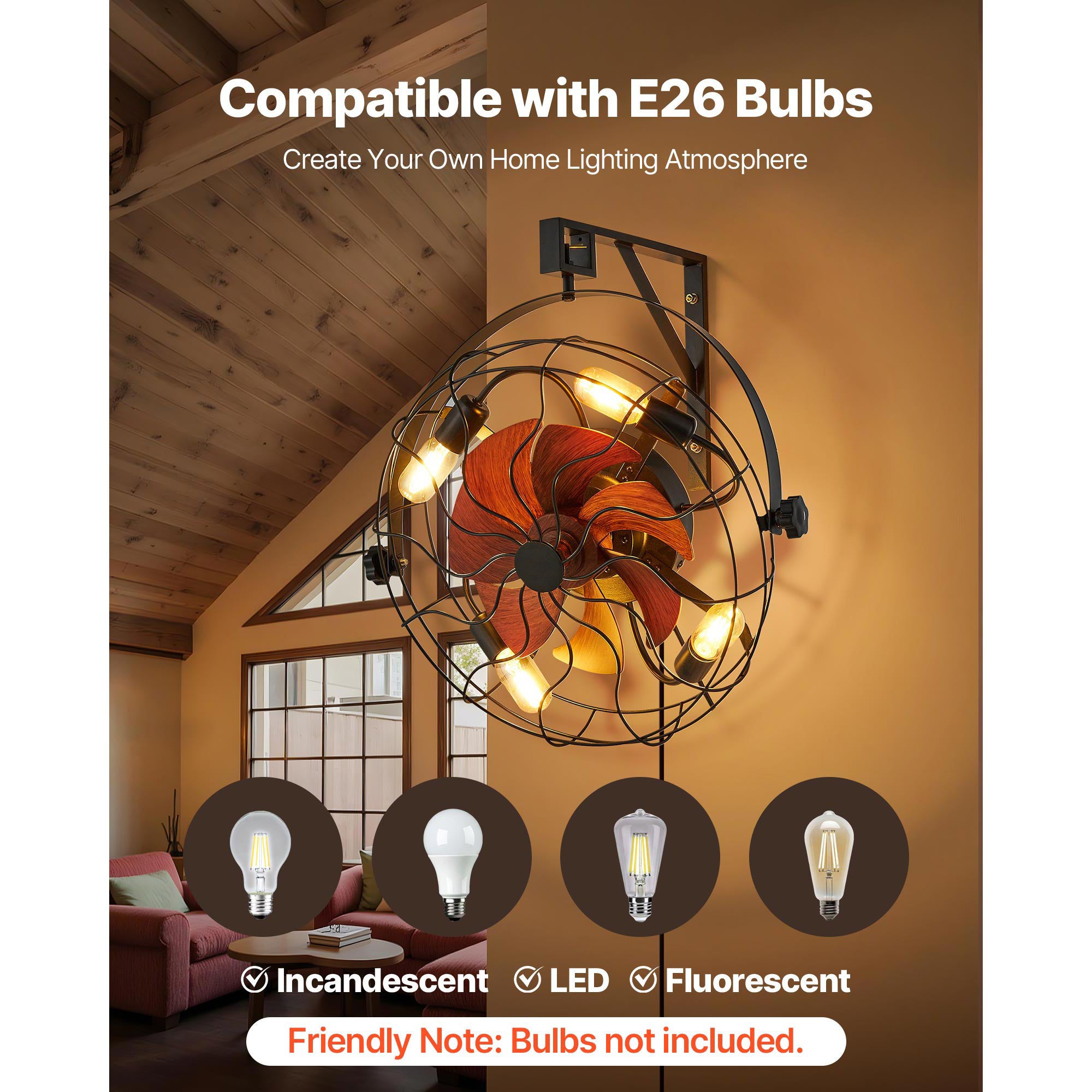VEVOR Wall Mounted Fan with Lights, 21 Inch Wall Fan with Remote, 6-Speed Plug-in Wall Fan with Timer, 360° Adjustable Tilt, for Bedroom, Garage, Workshop (4 E26 Bulb Sockets Compatible, Bulbs Not Included)