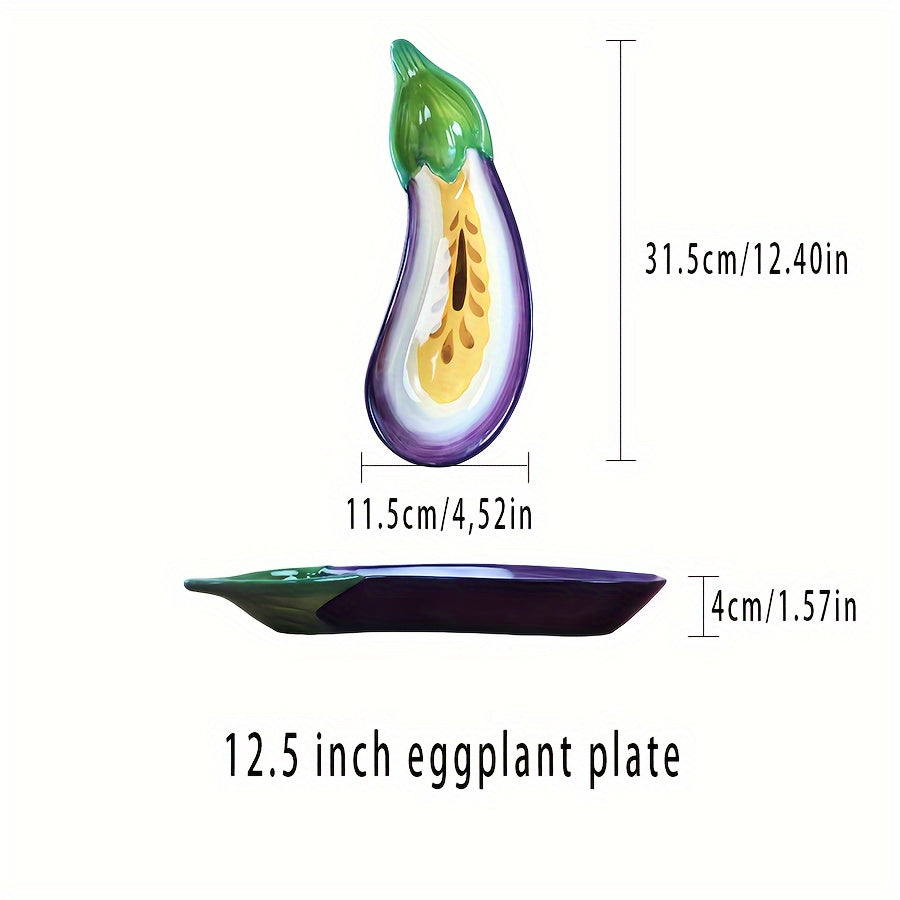 1 Piece Frank Exhibition Inspired Ceramic Eggplant Plate – Creative Purple & Green Vegetable-Shaped Tray, Perfect for Fruit, Snacks & More – Glossy Finish, Ideal for Home Use & All Seasons