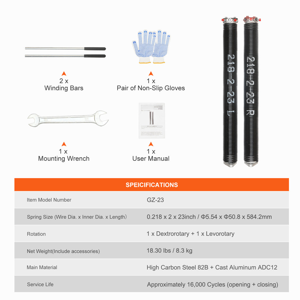 Garage Door Torsion Spring, 16,000 Cycles, 0.25 x 2 x 30in / 0.207 x 2 x 22in / 0.218 x 2 x 24in / 0.218 x 2 x 23in, with Non-Slip Winding Bars, Installation Tools and Gloves, Electrophoretic Coating, for Replacement