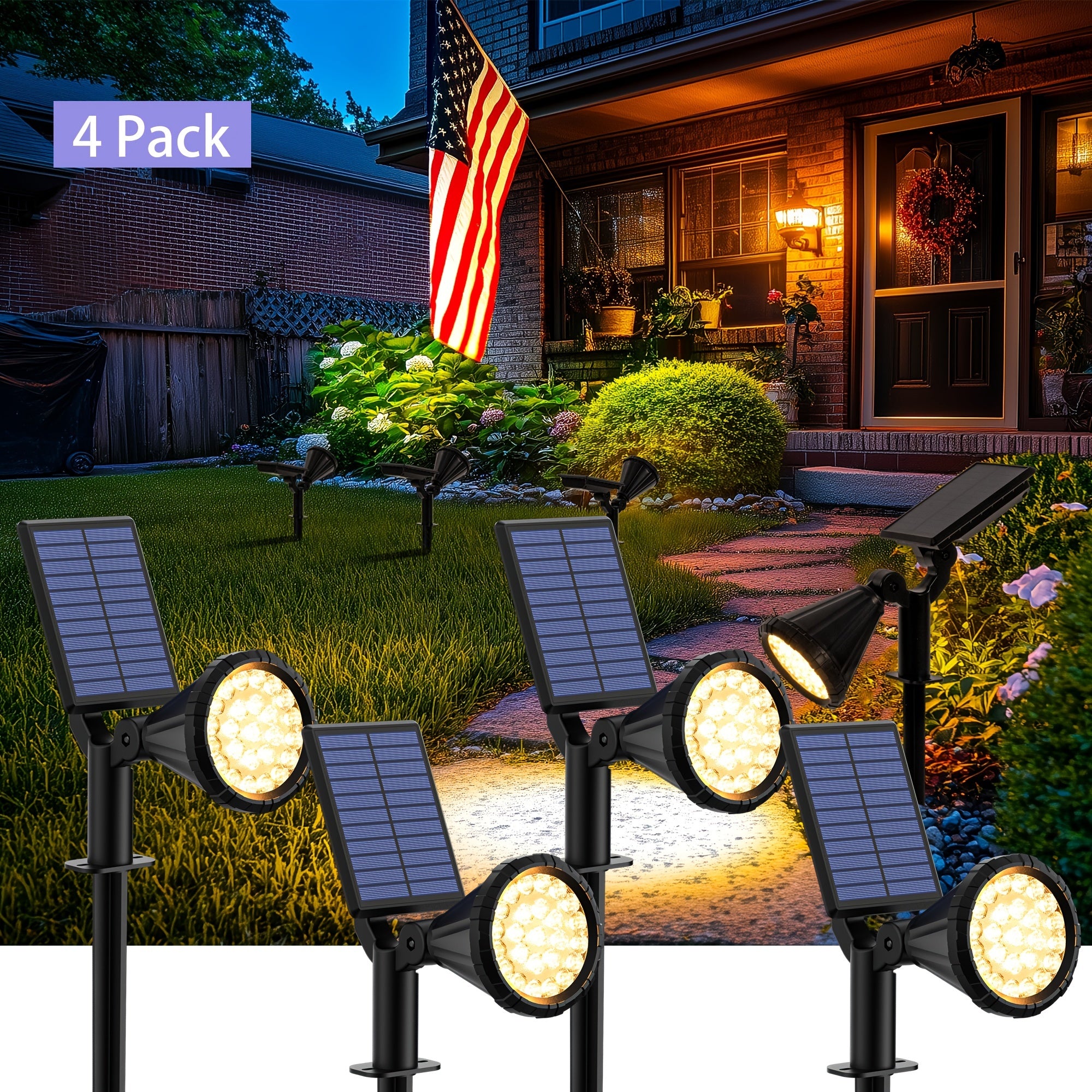 4-pack solar spotlight outdoor IP65 waterproof, flag accent lighting, solar Halloween decorative light, outdoor tree, house, yard, garden, landscape spotlight for Christmas decoration (cool/warm light)