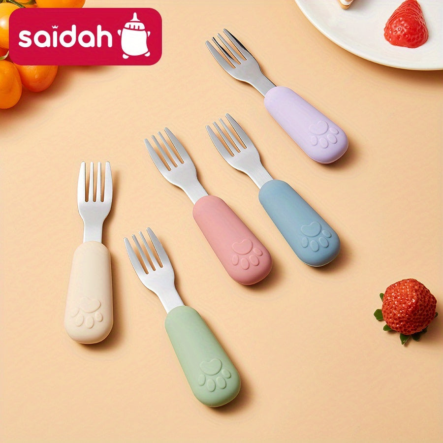 1/2 Set Bear Paw Shape Children's Short Handle Fork & Spoon Set – 304 Stainless Steel Non-Slip Grip | Baby & Toddler Self-Feeding Training Cutlery, Learning Meal Training Utensils