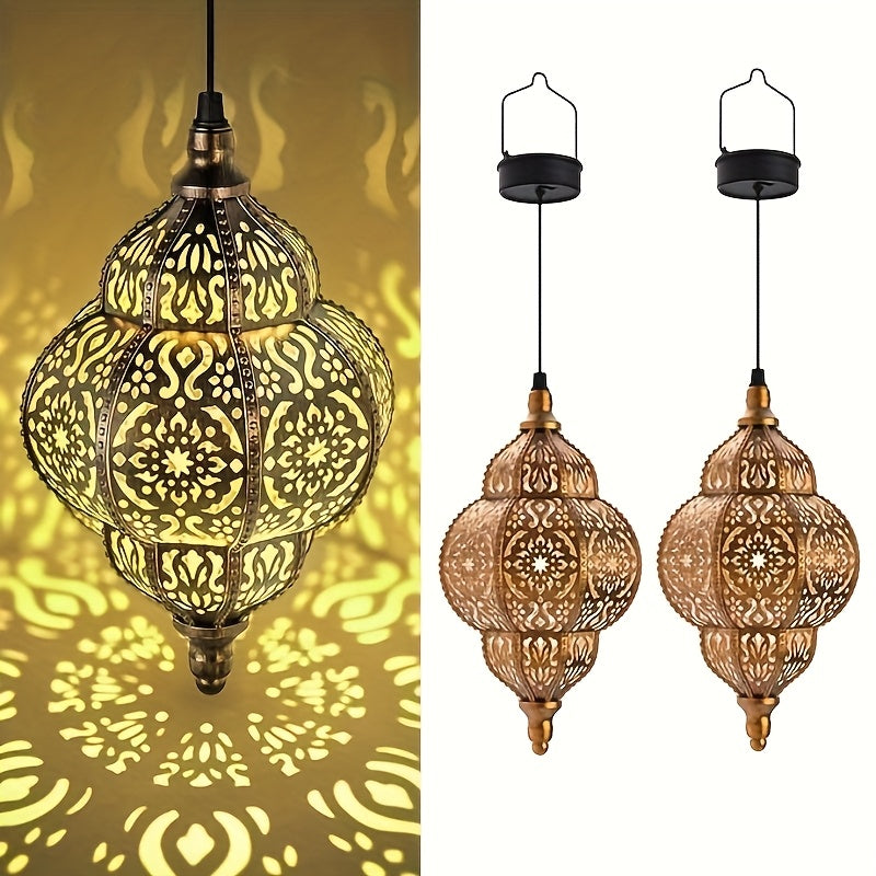 Two-Piece Solar Lantern, Colorful Large Round Moroccan Style Outdoor Hanging Light, Hollow Design, Waterproof, Suitable for Garden, Courtyard, Path, Halloween and Christmas Decoration