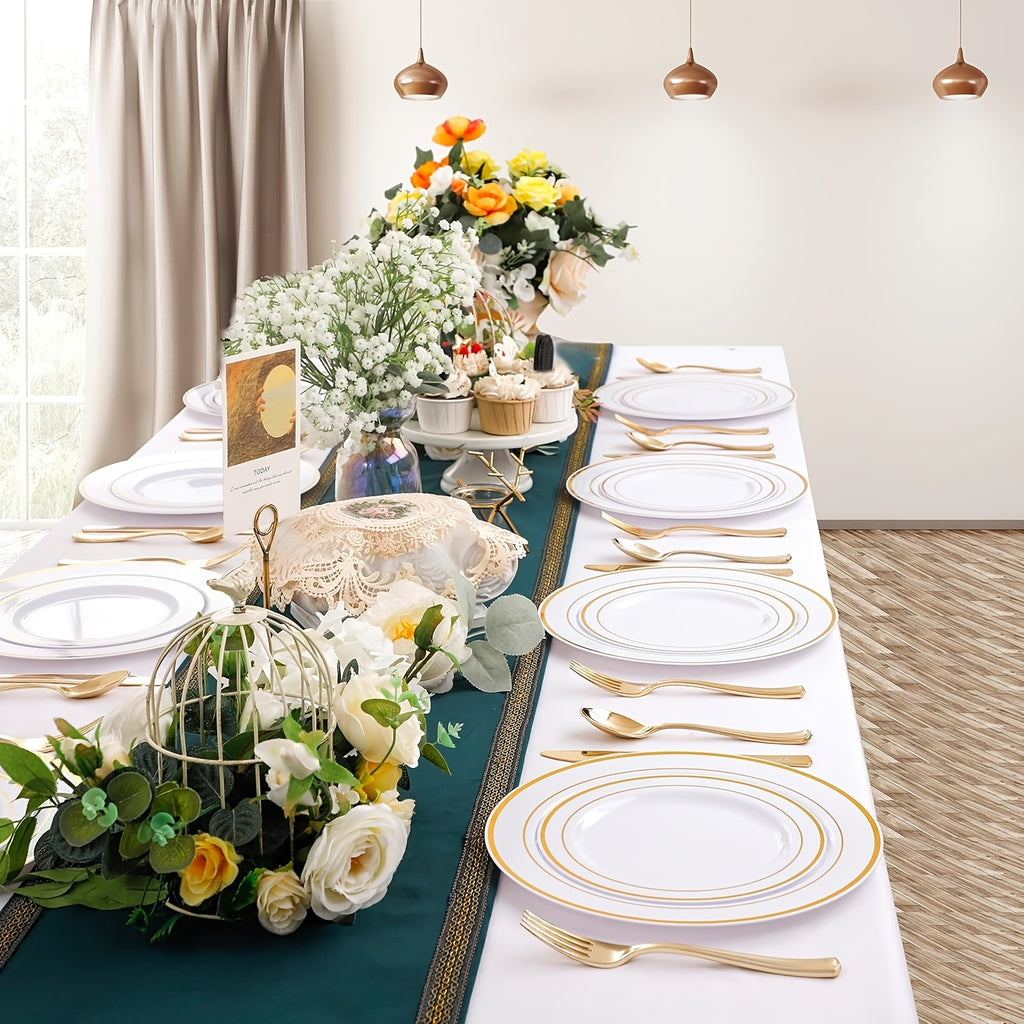300-Piece Plastic Silver Plates – White & Silver Disposable Plate Set Includes 60 Dinner Plates, 60 Dessert Plates, 60 Forks, 60 Spoons, 60 Knives